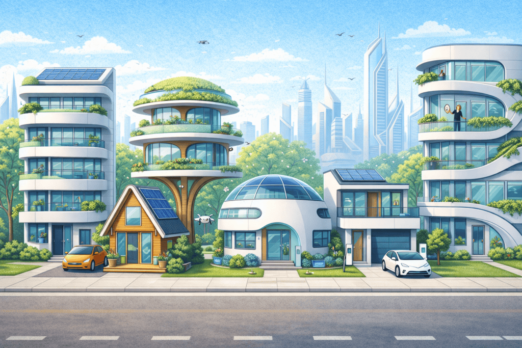 Toekomstbeeld van een duurzame woonwijk met diverse woningtypen, groene gevels, zonnepanelen en een stedelijke skyline op de achtergrond.